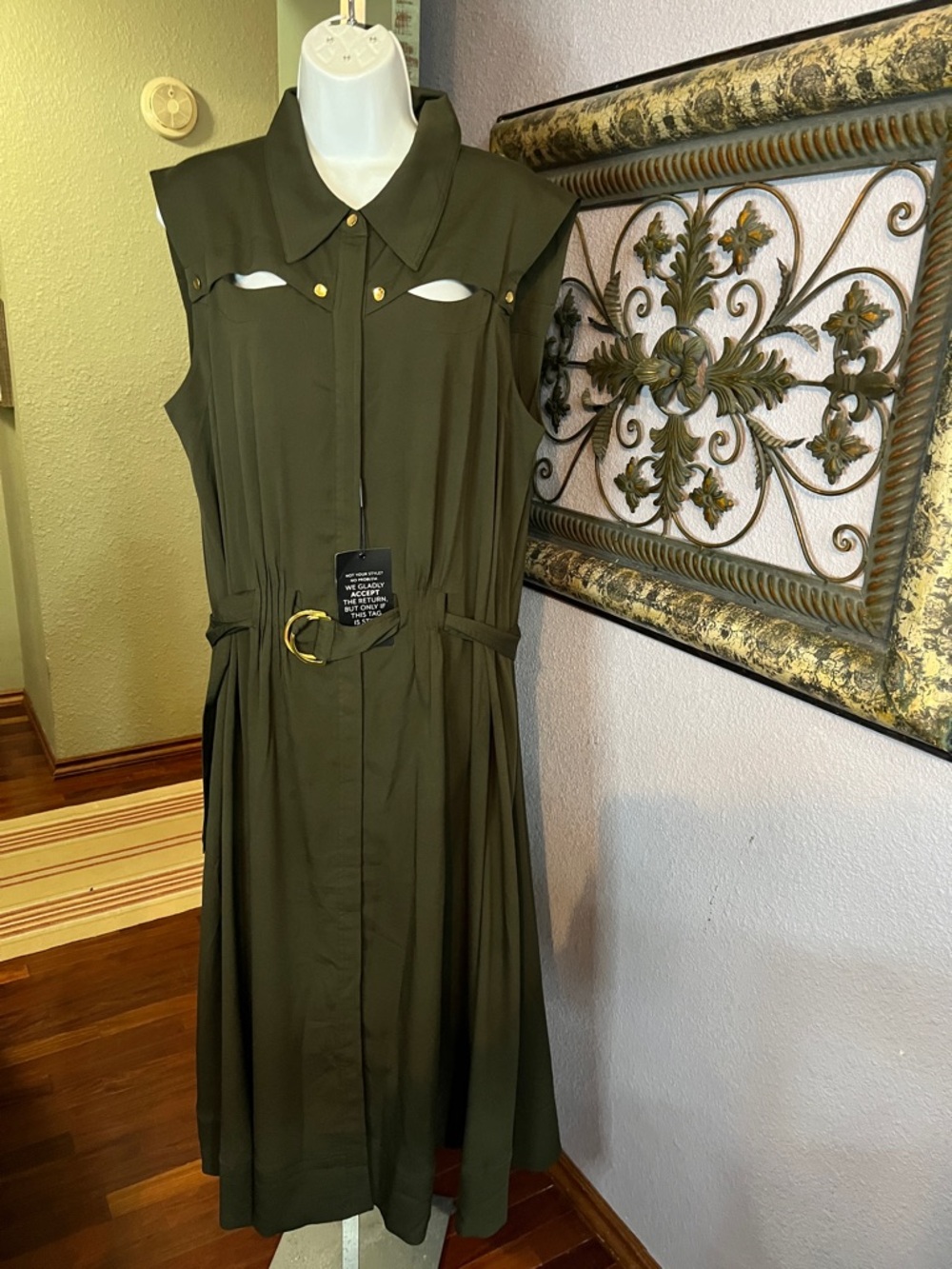 NWT White House Black Market Olive Green Sleeveless Belted Midi Shirt Dress SzXL